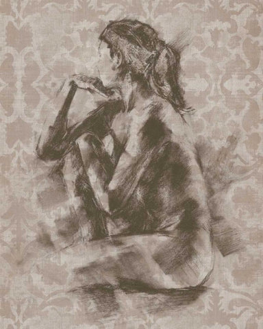 Figure with Damask II White Modern Wood Framed Art Print with Double Matting by Harper, Ethan