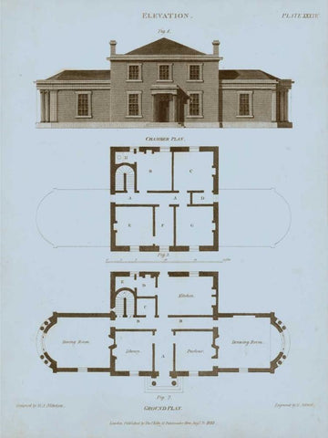 Chambray House and Plan I Black Ornate Wood Framed Art Print with Double Matting by Kelly, Thomas