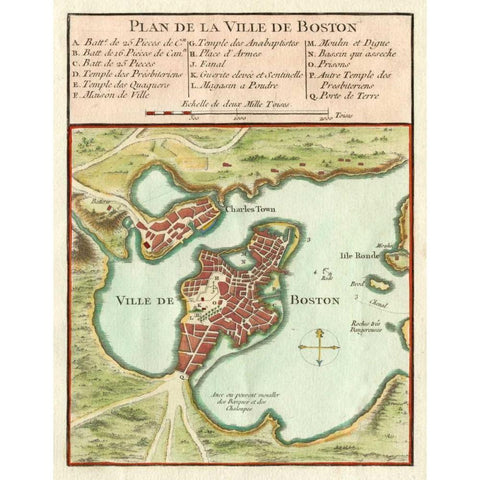 Petite Map of the City of Boston Gold Ornate Wood Framed Art Print with Double Matting by Unknown