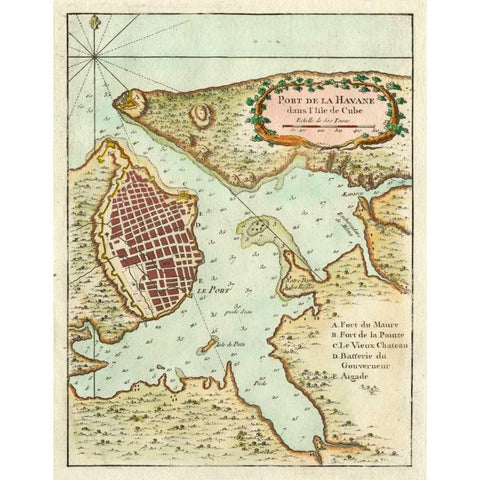 Petite Map of the Port of Havana Gold Ornate Wood Framed Art Print with Double Matting by Unknown