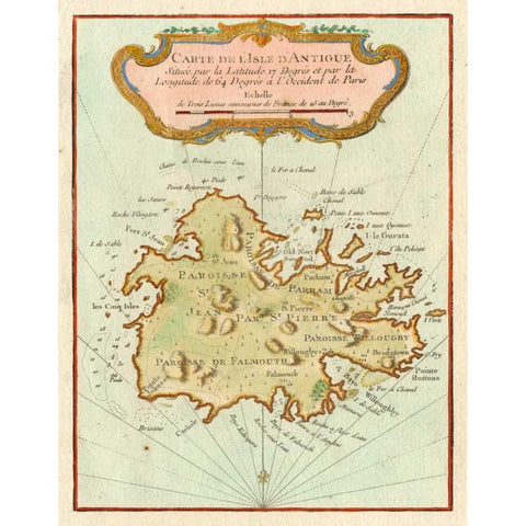 Petite Map of Island of Antigua Gold Ornate Wood Framed Art Print with Double Matting by Unknown