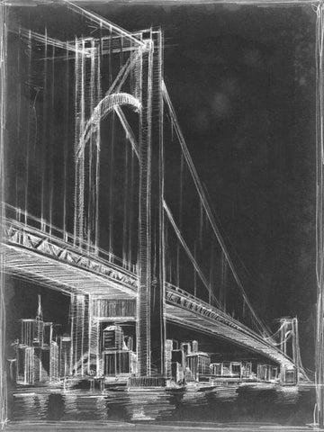 Suspension Bridge Blueprint I White Modern Wood Framed Art Print with Double Matting by Harper, Ethan