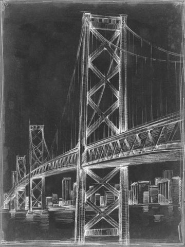 Suspension Bridge Blueprint II White Modern Wood Framed Art Print with Double Matting by Harper, Ethan