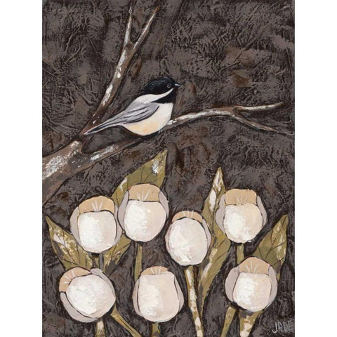 Chickadee and Tulips I Black Modern Wood Framed Art Print with Double Matting by Reynolds, Jade
