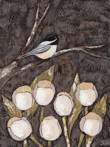 Chickadee and Tulips I Black Ornate Wood Framed Art Print with Double Matting by Reynolds, Jade