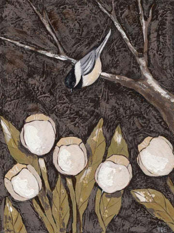Chickadee and Tulips II White Modern Wood Framed Art Print with Double Matting by Reynolds, Jade