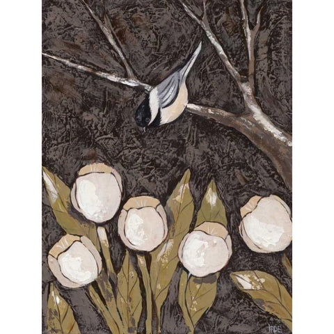 Chickadee and Tulips II Black Modern Wood Framed Art Print with Double Matting by Reynolds, Jade