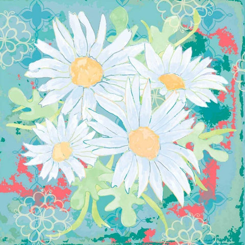 Daisy Patch Teal I Gold Ornate Wood Framed Art Print with Double Matting by Mark, Leslie