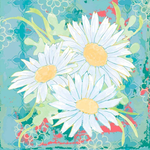 Daisy Patch Teal II White Modern Wood Framed Art Print by Mark, Leslie