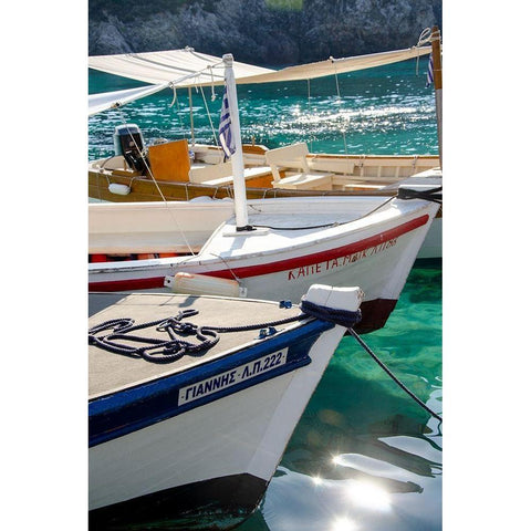 Workboats of Corfu, Greece I Black Modern Wood Framed Art Print with Double Matting by DeNardo, Laura