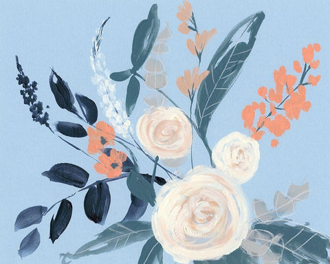 Eucalyptus Bouquet on Blue I White Modern Wood Framed Art Print with Double Matting by Goldberger, Jennifer