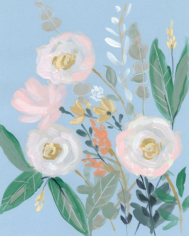 Spring Bouquet on Blue I White Modern Wood Framed Art Print with Double Matting by Goldberger, Jennifer