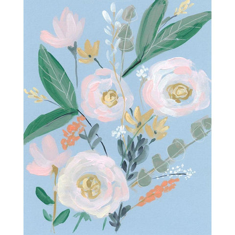 Spring Bouquet on Blue II White Modern Wood Framed Art Print by Goldberger, Jennifer