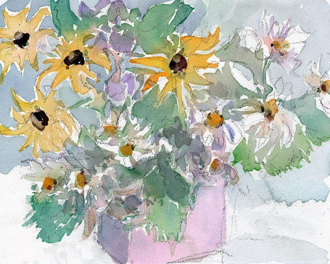 Daisies and Black Eyed Susans II White Modern Wood Framed Art Print with Double Matting by Dixon, Samuel