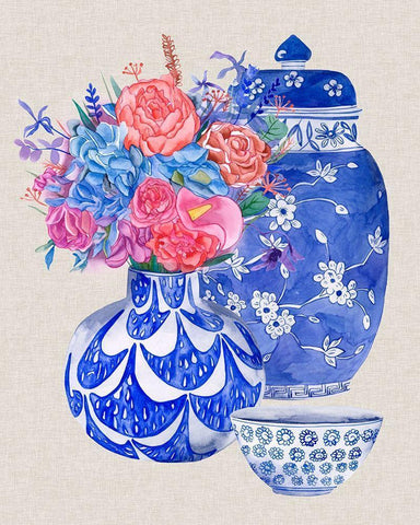 Delft Blue Vases I White Modern Wood Framed Art Print with Double Matting by Wang, Melissa