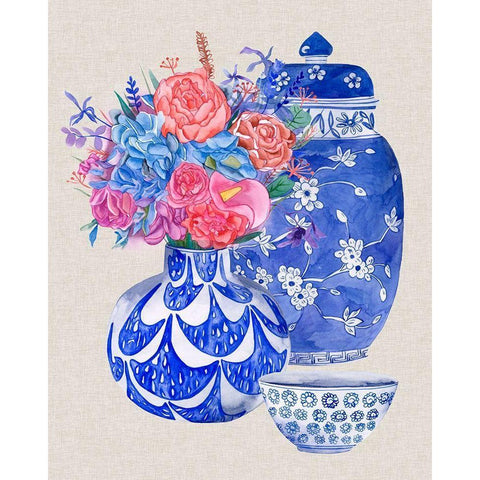 Delft Blue Vases I Black Modern Wood Framed Art Print with Double Matting by Wang, Melissa