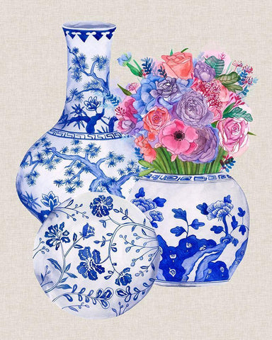 Delft Blue Vases II White Modern Wood Framed Art Print with Double Matting by Wang, Melissa