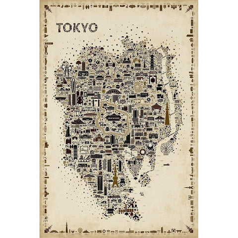 Antique Iconic Cities-Tokyo Black Modern Wood Framed Art Print with Double Matting by Esquer, Rafael