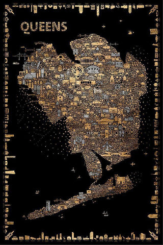 Glam New York Collection-Queens Black Ornate Wood Framed Art Print with Double Matting by Esquer, Rafael