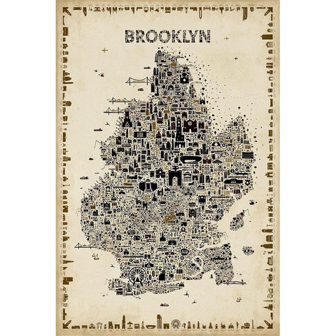 Antique New York Collection-Brooklyn Black Modern Wood Framed Art Print with Double Matting by Esquer, Rafael