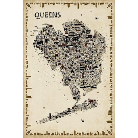 Antique New York Collection-Queens Black Modern Wood Framed Art Print by Esquer, Rafael