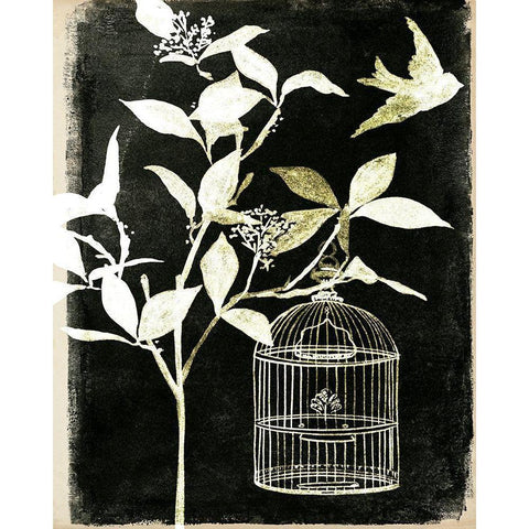 Branch and Bird I Black Modern Wood Framed Art Print with Double Matting by Wang, Melissa