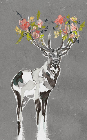 Custom Deer and Flowers I Black Ornate Wood Framed Art Print with Double Matting by Goldberger, Jennifer