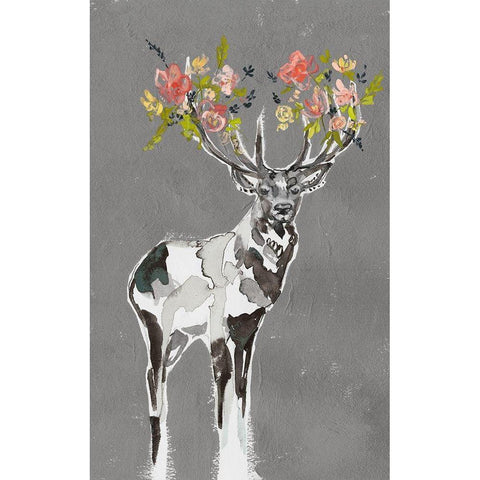 Custom Deer and Flowers I White Modern Wood Framed Art Print by Goldberger, Jennifer