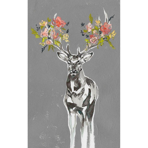 Custom Deer and Flowers II Gold Ornate Wood Framed Art Print with Double Matting by Goldberger, Jennifer