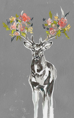 Custom Deer and Flowers II White Modern Wood Framed Art Print with Double Matting by Goldberger, Jennifer
