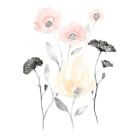 Blush and Black Wildflowers I Black Modern Wood Framed Art Print by Goldberger, Jennifer