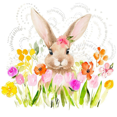 April Flowers and Bunny I White Modern Wood Framed Art Print with Double Matting by Parker, Jennifer Paxton