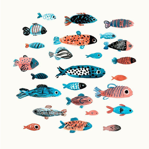 Fish School I White Modern Wood Framed Art Print with Double Matting by Warren, Annie