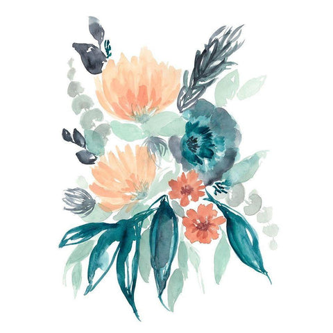 Teal and Peach Bouquet I Gold Ornate Wood Framed Art Print with Double Matting by Goldberger, Jennifer