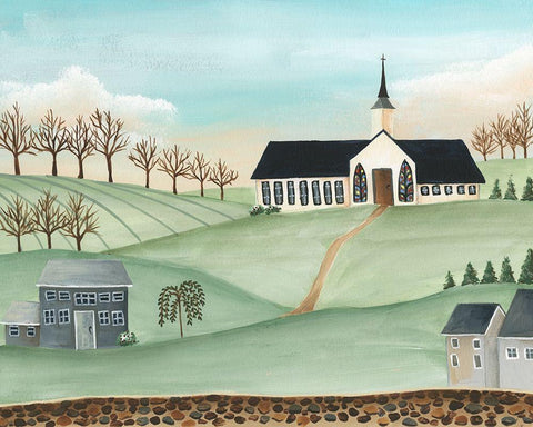 Folk Church Scene II White Modern Wood Framed Art Print with Double Matting by Moore, Regina
