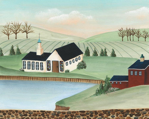 Folk Church Scene III White Modern Wood Framed Art Print with Double Matting by Moore, Regina