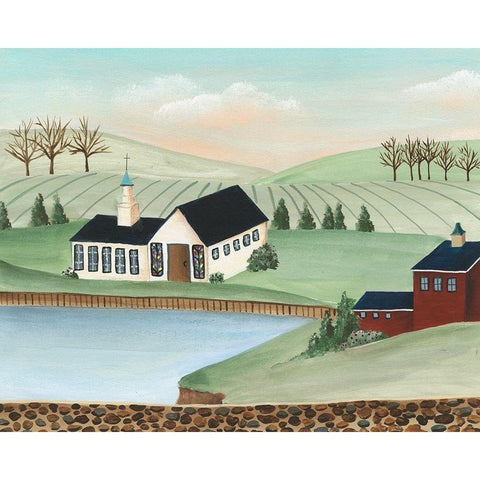 Folk Church Scene III Black Modern Wood Framed Art Print by Moore, Regina