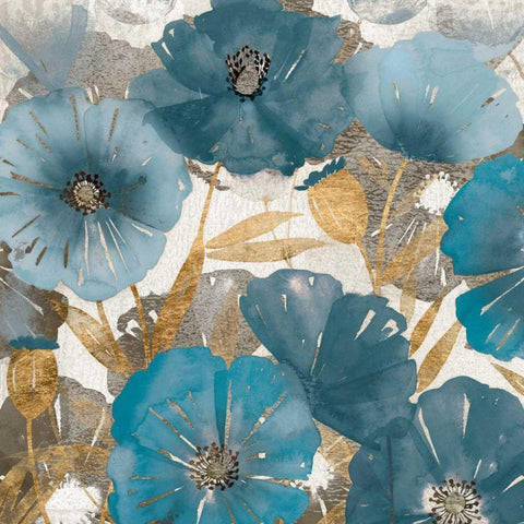 Blue and Gold Poppies I Gold Ornate Wood Framed Art Print with Double Matting by Studio W