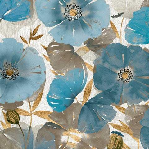 Blue and Gold Poppies II Black Modern Wood Framed Art Print by Studio W