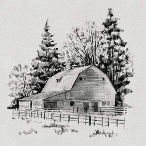 Distant Barn Sketch I White Modern Wood Framed Art Print by Caroline, Emma