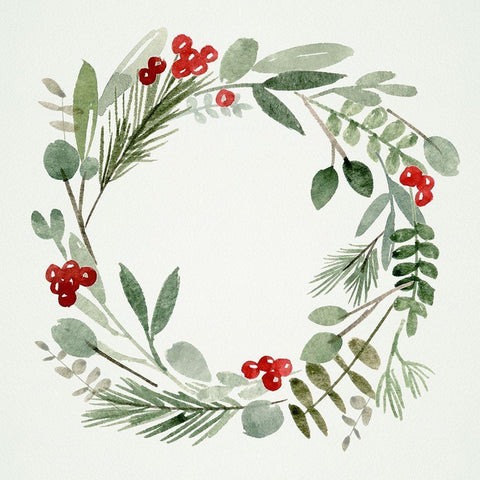 Holly Wreath I White Modern Wood Framed Art Print with Double Matting by Wang, Melissa