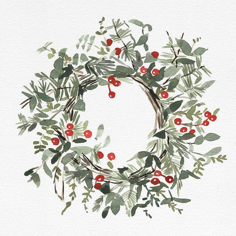 Holly Farmhouse Wreath I White Modern Wood Framed Art Print by Caroline, Emma