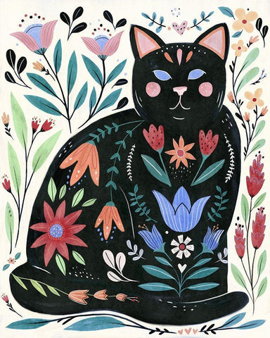 Folksy Feline II Black Ornate Wood Framed Art Print with Double Matting by Warren, Annie