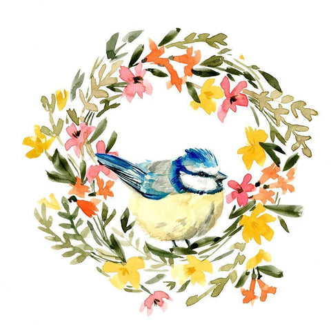 Springtime Wreath and Bird I White Modern Wood Framed Art Print with Double Matting by Caroline, Emma