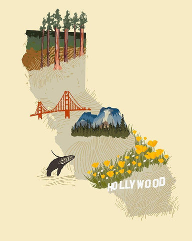 Illustrated State-California Black Ornate Wood Framed Art Print with Double Matting by Green, Jacob