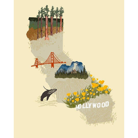 Illustrated State-California Gold Ornate Wood Framed Art Print with Double Matting by Green, Jacob