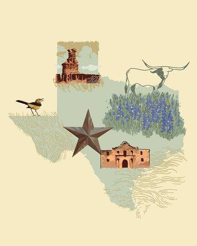 Illustrated State-Texas White Modern Wood Framed Art Print with Double Matting by Green, Jacob