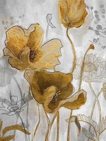 Gold and Silver Flowerfield I White Modern Wood Framed Art Print with Double Matting by Studio W