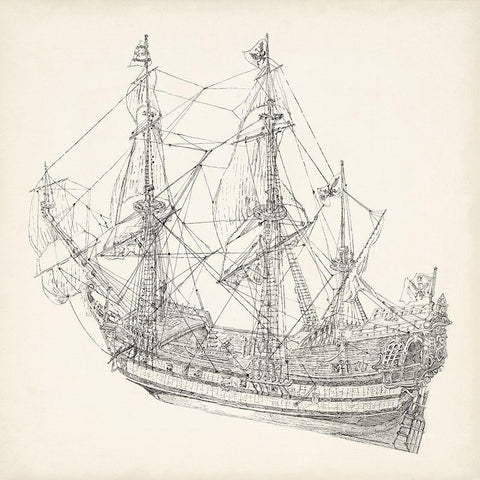 Antique Ship Sketch I Gold Ornate Wood Framed Art Print with Double Matting by Foust, Richard