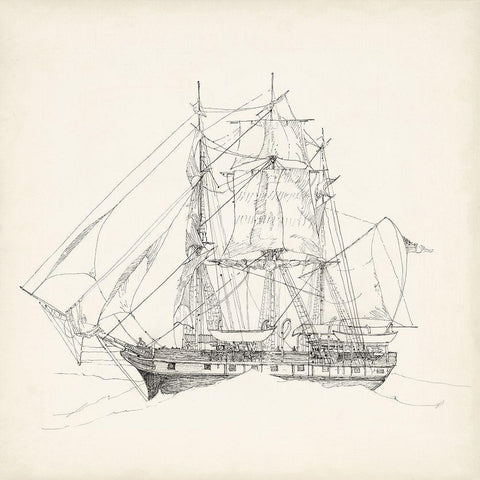 Antique Ship Sketch II White Modern Wood Framed Art Print by Foust, Richard